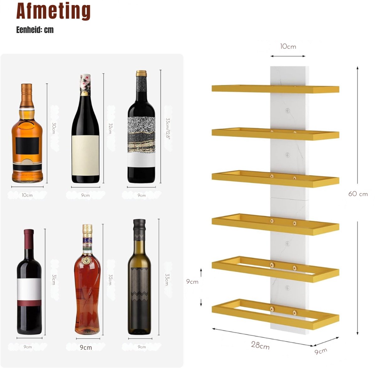 Aurixi® Wijnrek Muur - Wijnrek - Wijnrekken - Goud - ‎28cm x 10cm x 60cm