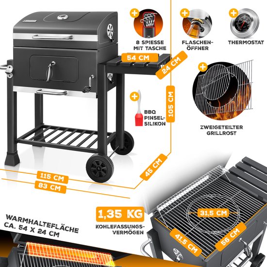 KESSER® Houtskoolbarbecue XL Barbeque Houtskool met Deksel, Wielen, Afdekkap, Roestvrij Stalen Handvat, Barbecuerooster en Thermometer, 8 Spiesen met Zakje & siliconen Borstel, grote BBQ Camping Terras Tuin van Merkloos — afbeelding 3