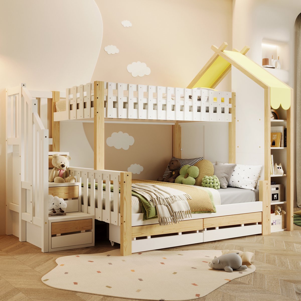 Stapelbed - 90x200 en 140x200 cm - Huisbed met Hekwerk - Opbergtrap en 2 Lades - Wit en Na