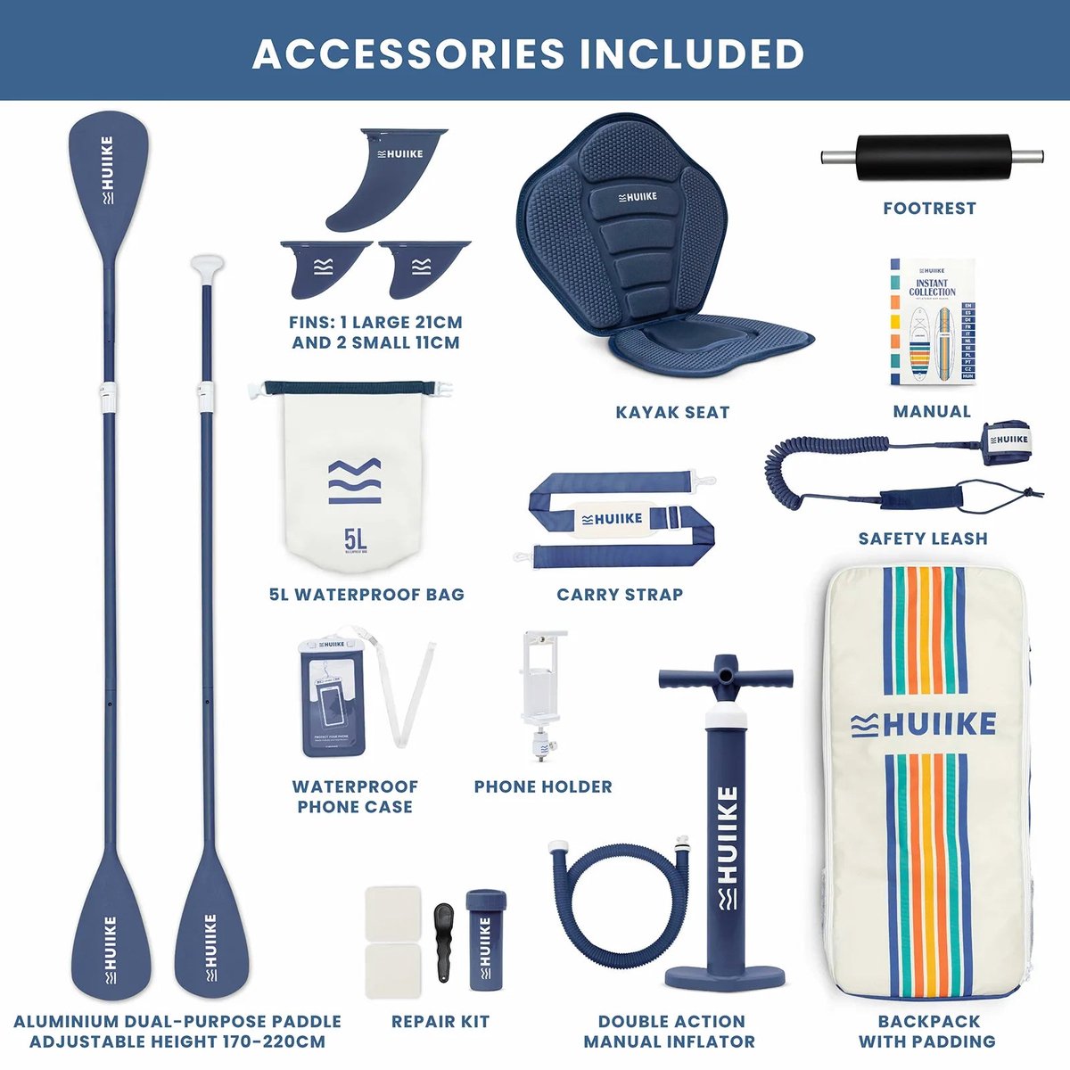 HUIIKE SUP Board - Opblaasbaar Paddle Board met Accessoires, Peddel, Vinnen, Pomp - Stand Up Paddle met Hoge Stabiliteit - 305 x 84 x 15 cm - Max. 130 kg – foto 3