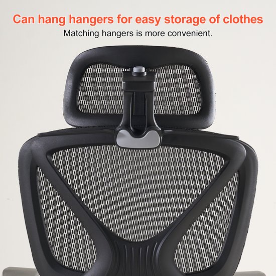 Close-up van de hoofdsteun en bovenrug van een zwarte bureaustoel. Tekst: 'Can hang hangers for easy storage of clothes'.