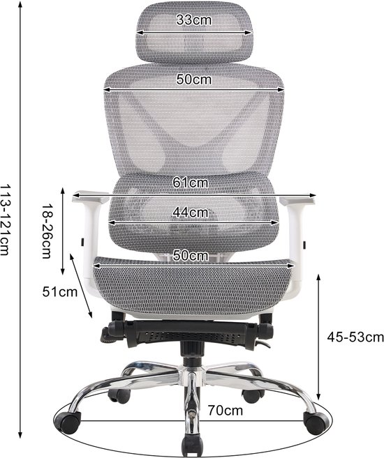 Grijze ergonomische bureaustoel met afmetingen aangegeven voor de hoofdsteun, rugleuning, zitting en totale hoogte.