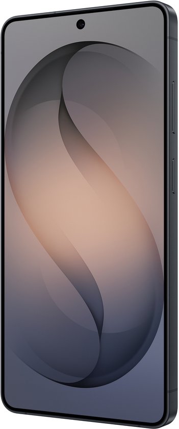 Zijkant van een zwarte Samsung Galaxy S26 Ultra smartphone met een abstract behang.
