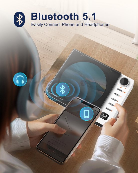 Draagbare Bluetooth CD-speler met luidspreker - Anti-skip Discman oplaadbaar - MP3 CD-speler met afstandsbediening en koptelefoon - Ideaal voor kinderen, senioren en luisterboeken - Compact voor reizen - Wit — afbeelding 5