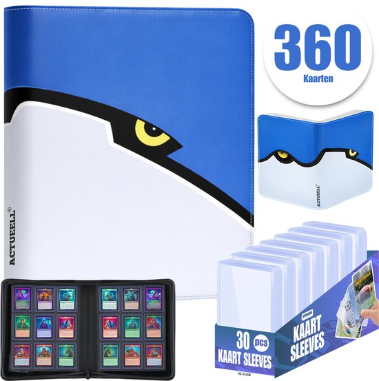 Actueell® Verzamelmap 360 Kaarten - Toploader binder – 9 pocket - Inclusief 30 Toploaders, Penny Sleeves & Card Sleeves – map met ritssluiting – Blauw – 20 Pagina's – A4 Formaat