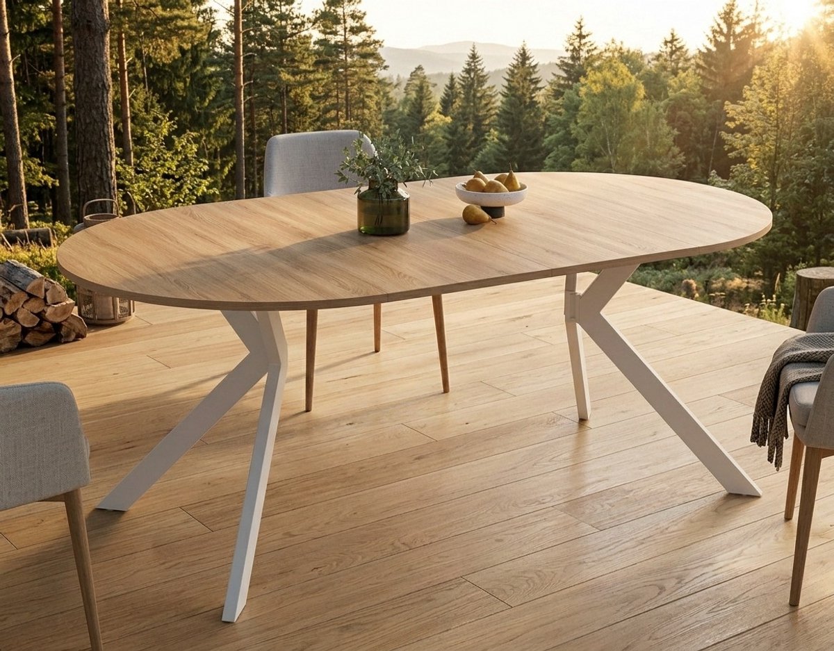 Aurora Steel Ronde Eettafel Ø120 cm - Industriële Keukentafel met Dubbele Metalen Voet - Houten Look Eetkamertafel voor 4 personen - Modern & Duurzaam - Casa Serena – 120 cm – Casa Dorada