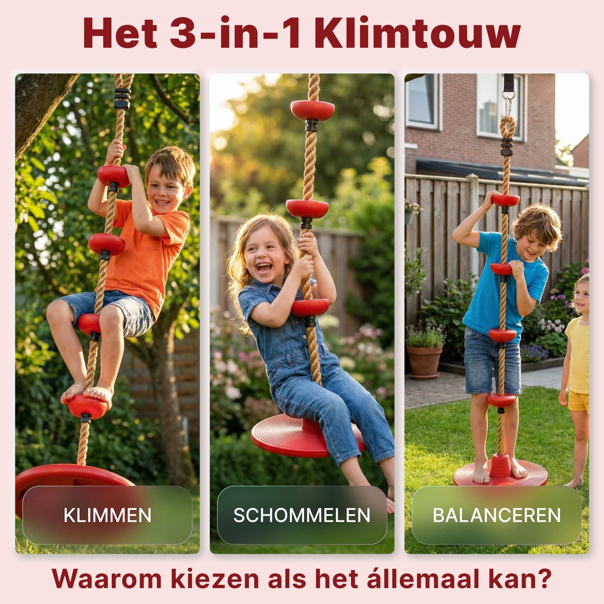JAXY Schotelschommel - Klimtouw Schommel met Knopen - Kinderschommel Buiten - Buitenspeelgoed - Schommelzitje - Rood — afbeelding 13