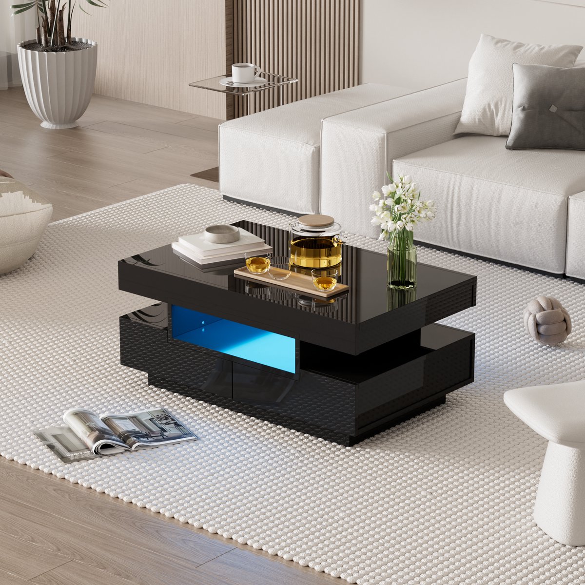 HAUSS SPOLE Salontafel - Hoogglans Koffietafel met LED-Lichtlijst, 3 Open Vakken en 4 Lades - met Opbergruimte voor Woonkamer - Spaanplaat - 80x50x36 cm - Zwart