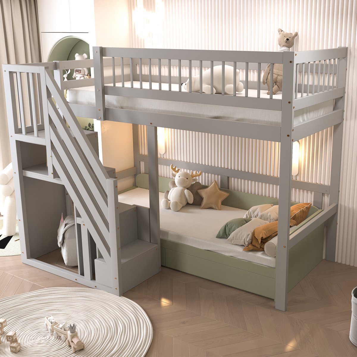 HAUSS SPOLE Massief Houten Bed 90x200 cm - Eenpersoons Met Hoge Omranding - Trap Met Opberglades - Ruimte Voor Sofa/Bureau Onder - Hout - Grijs - Zonder matras