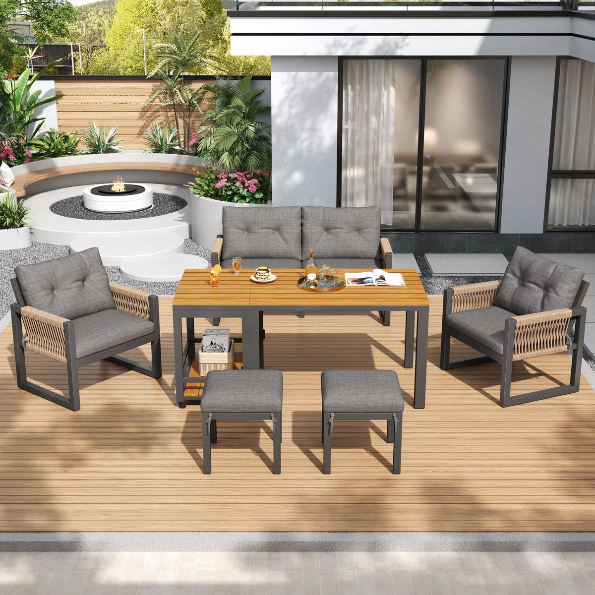 Sweiko Tuin Dining loungeset - 2 zitsbank - 2 fauteuils - 1 eettafel - 1 bijzettafel - Metalen frame - Met kussens - Grijs
