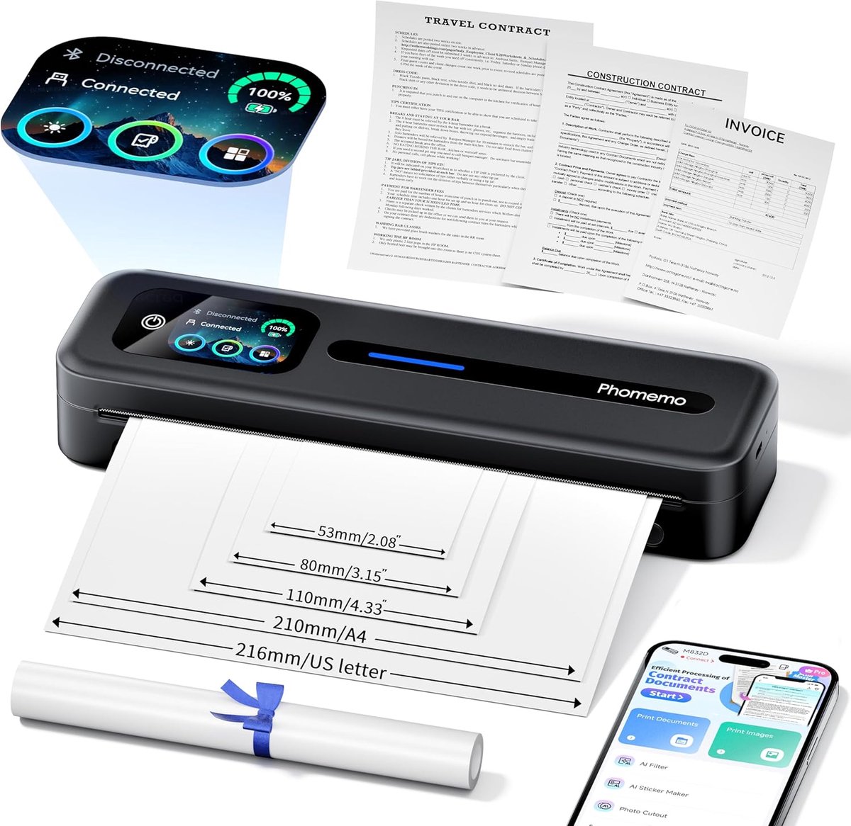 Phomemo M832D - A4 Thermische Printer - Met Scherm - Direct Thermisch Printen - A4 Formaat 210 × 297 mm - Geen Inkt of Toner Nodig - 203 DPI Printresolutie - Bluetooth en USB Aansluiting - Geschikt voor Documenten en Labels - Zakelijk en Thuisgebruik