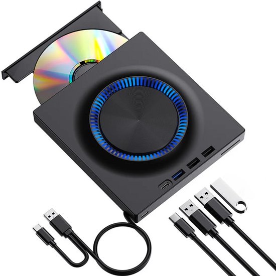 Zwarte externe dvd-drive met blauw verlichte ring, met cd erin, inclusief kabels en usb-stick.