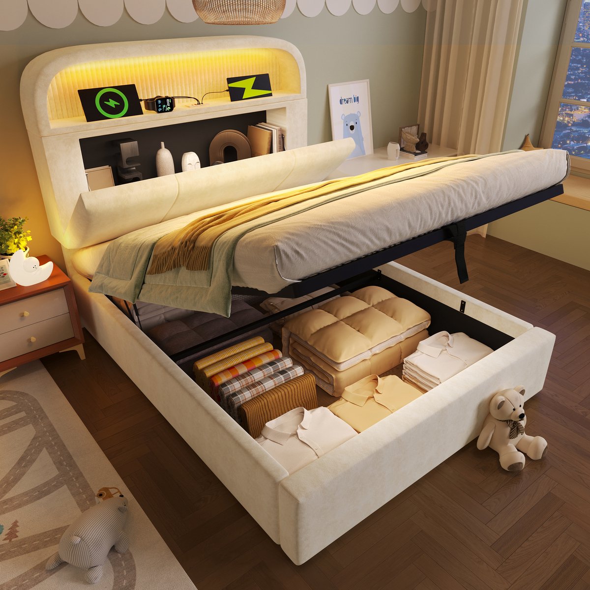 MODFU Bedframe 90x200 cm, fluweel beige, met opbergruimte, LED en USB/Type-C