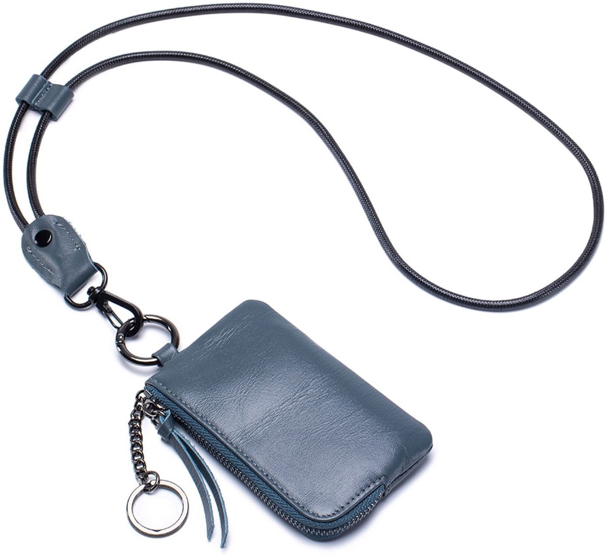 Leren Sleutel Etui & Muntportemonnee – 3-in-1 Mini Portemonnee met Rits, Pasjeshouder en Nekkoord – Leer - Blauw
