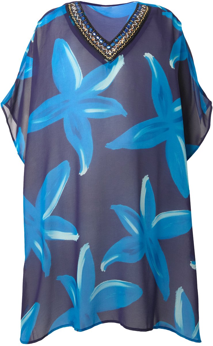 Ulla Popken Dames - Tuniek bloemen versierde V-hals korte mouwen - Donkerblauw - Maat 3+