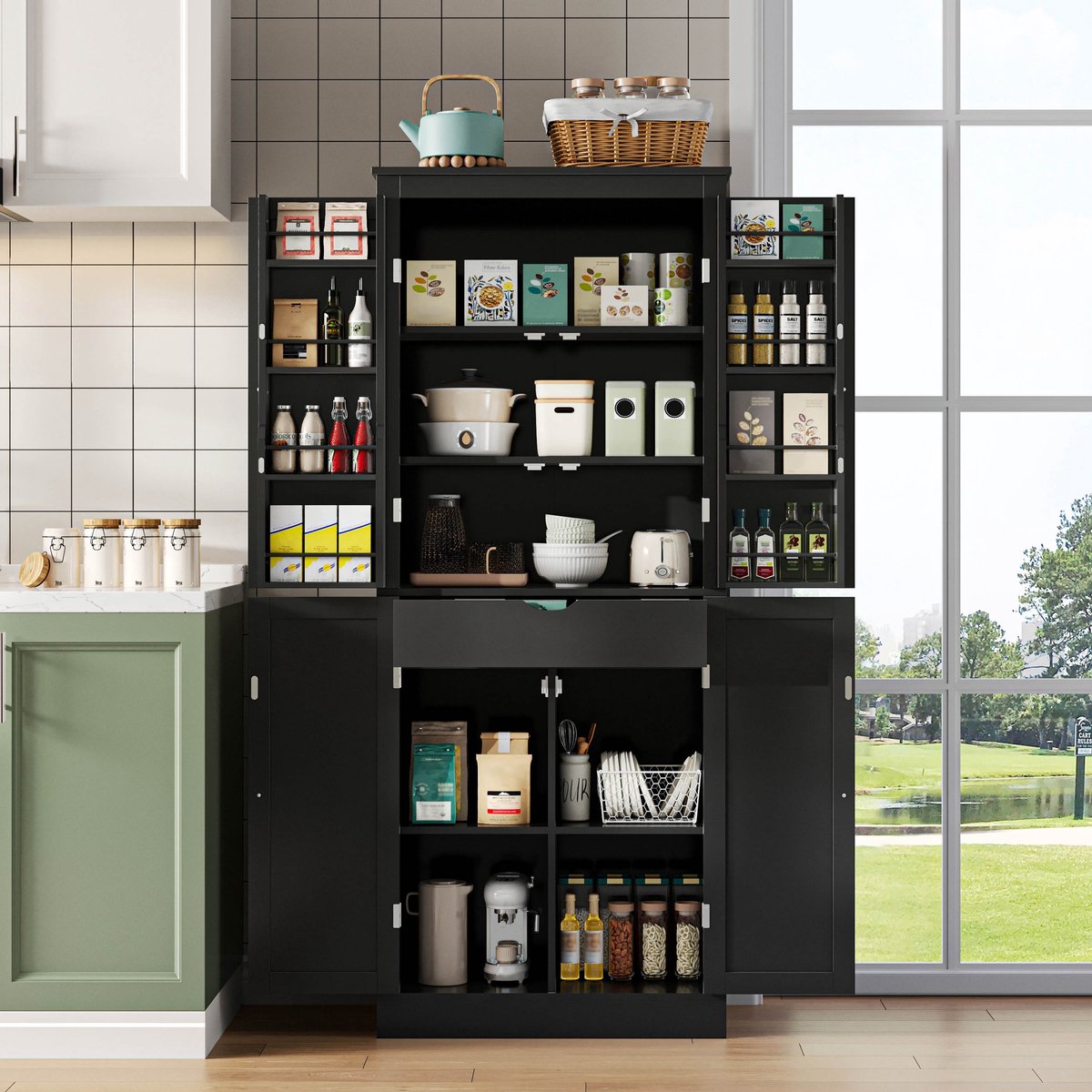 PHOEBE CAT Keukenkast - Dressoir - Snackkast - Opbergplank - Met lade - 182 × 40 × 75 cm - Zwart