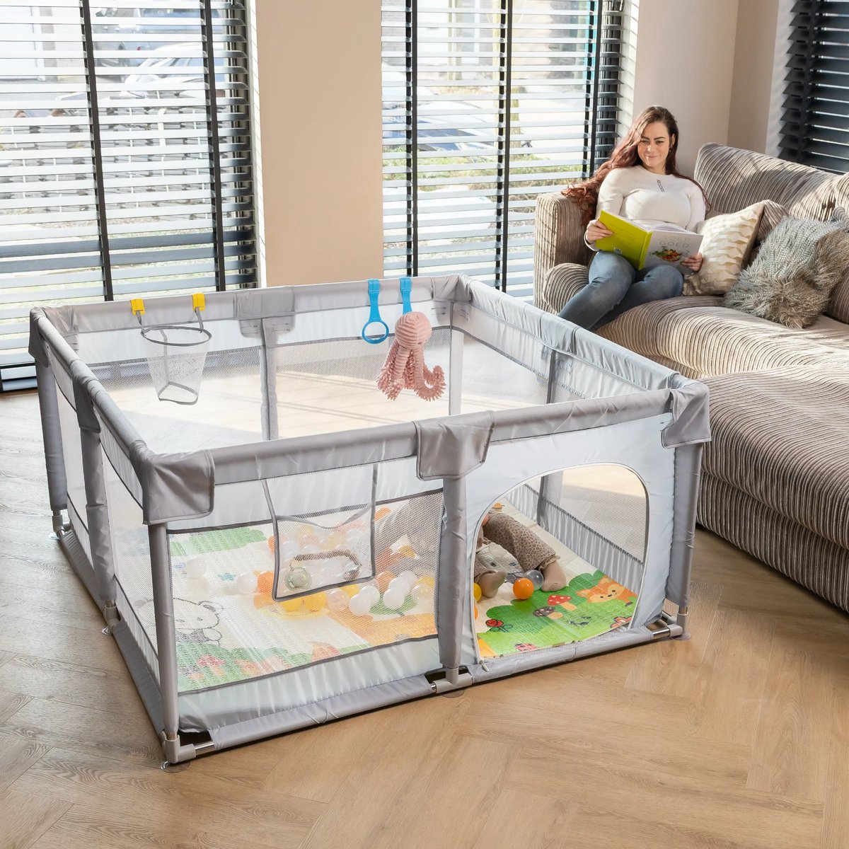 Baby Grondbox – Babybox – Speelbox – Kinderbox – Playpen – Kruipbox – Ballenbak - 128 x 128 x 65 cm – Dubbelzijdige Speelmat Foam – 65 Speelballen – 2 optrekhandvatten – Rits Opening – foto 6