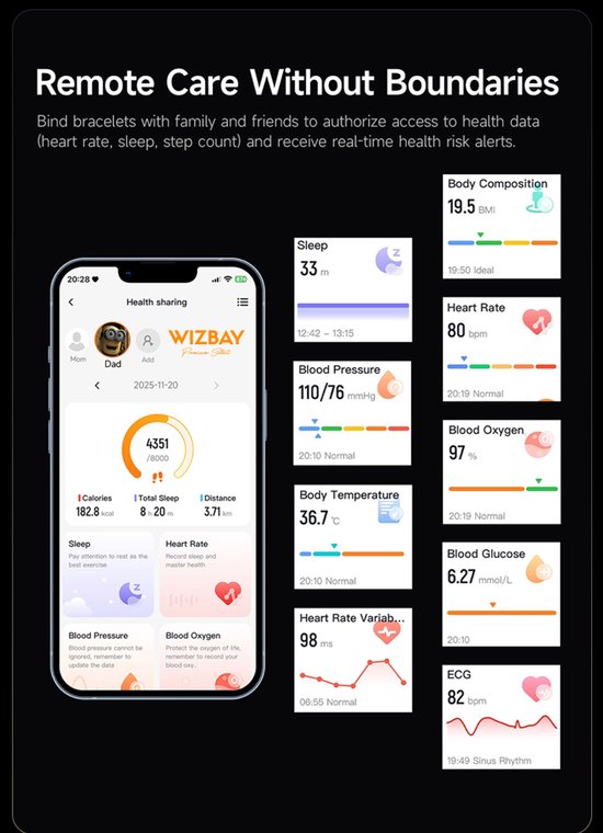 Telefoon met gezondheidsapp, toont slaap, hartslag, bloeddruk en zuurstof. Naast een smartwatch met band.