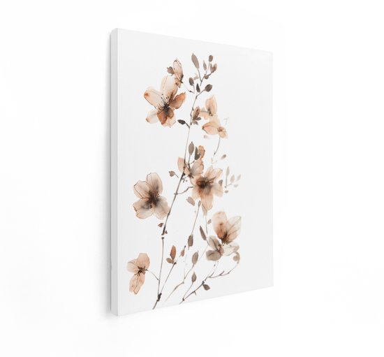 Artaza Canvas Schilderij Bloemen - 60x80 cm - Wanddecoratie Japandi - Muurdecoratie Boho - Decoratie Aquarel Woonkamer - Beige