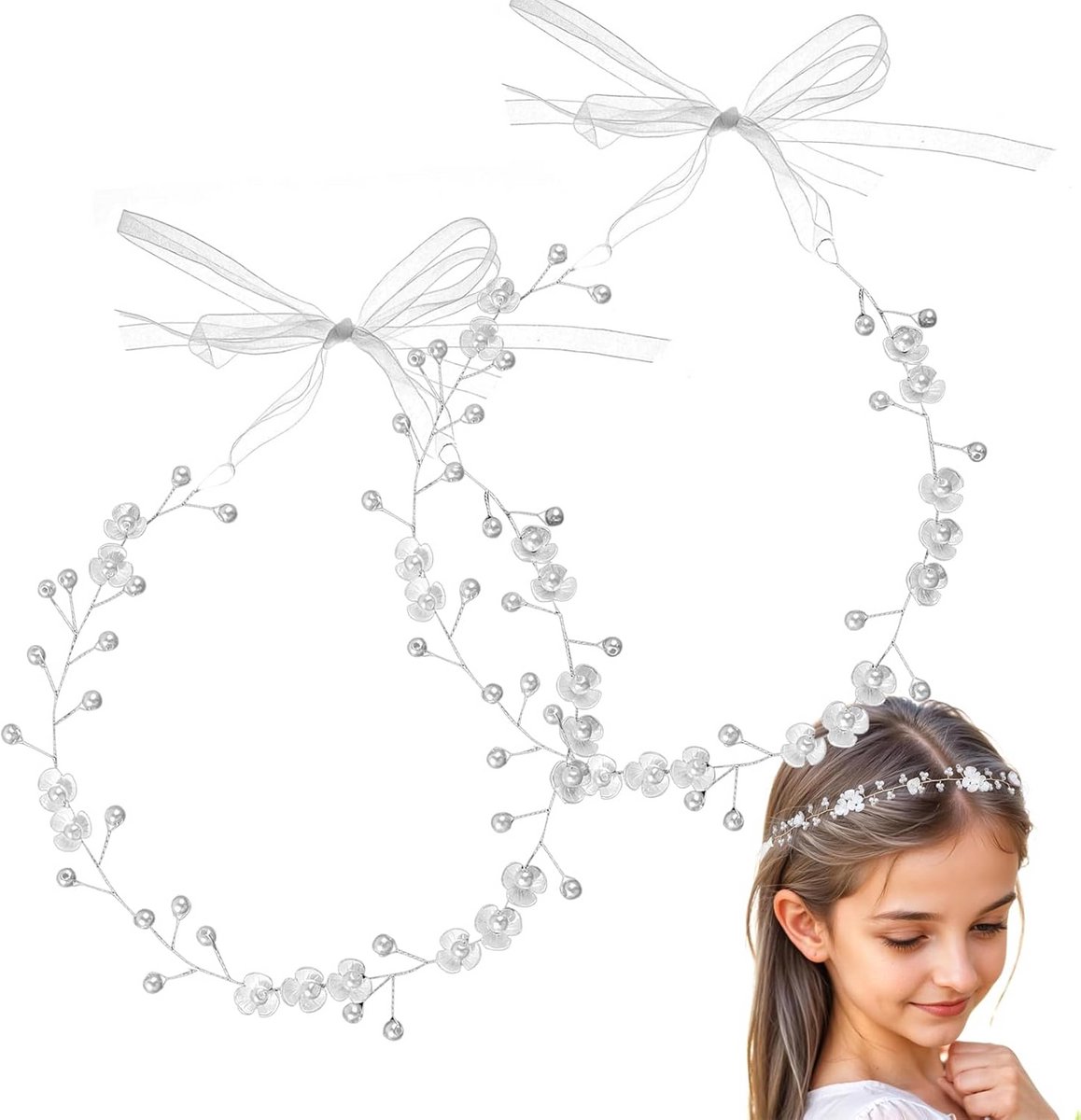 2 Stuks Bloemkrans Meisjes - Haaraccessoire Bruiloft, Communie & Feest