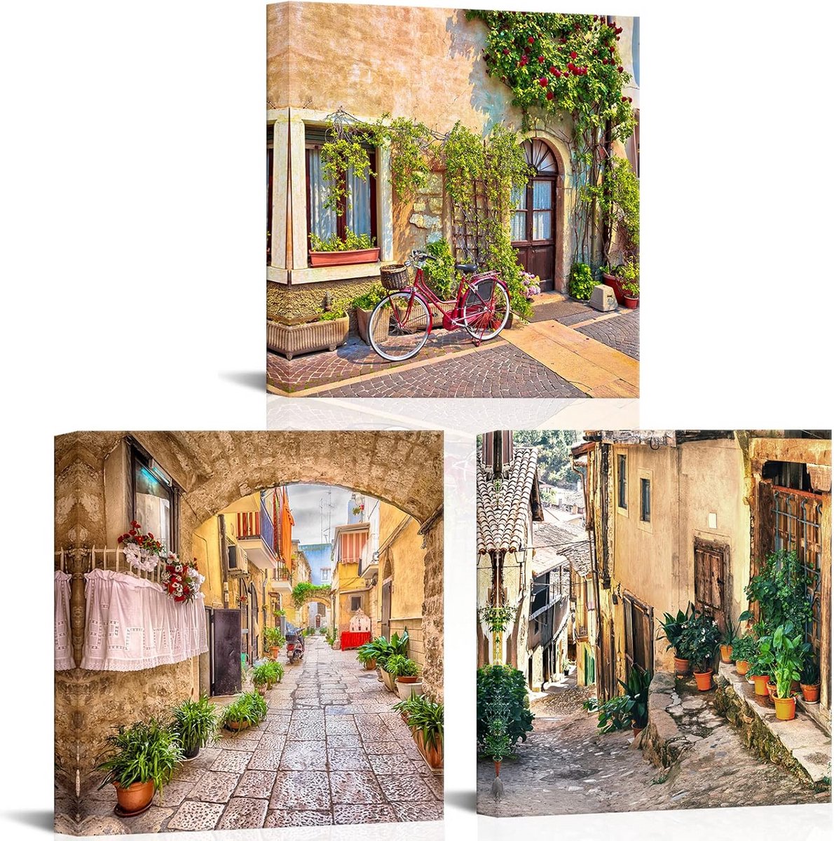Set van 3 Mediterrane Canvas Schilderijen - Vintage Italiaans Dorpslandschap - Moderne Wanddecoratie voor Woonkamer en Slaapkamer