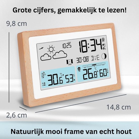 Houten weerstation met digitale weergave van tijd, datum, temperatuur en weersvoorspelling. Afmetingen 14,8 x 9,8 x 2,6 cm.