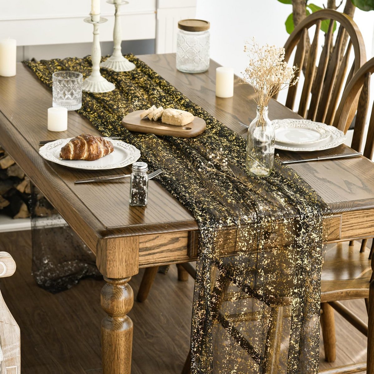 Glitter Tafellopers Zwart en Goud voor Feestdecoratie - 6 Stuks