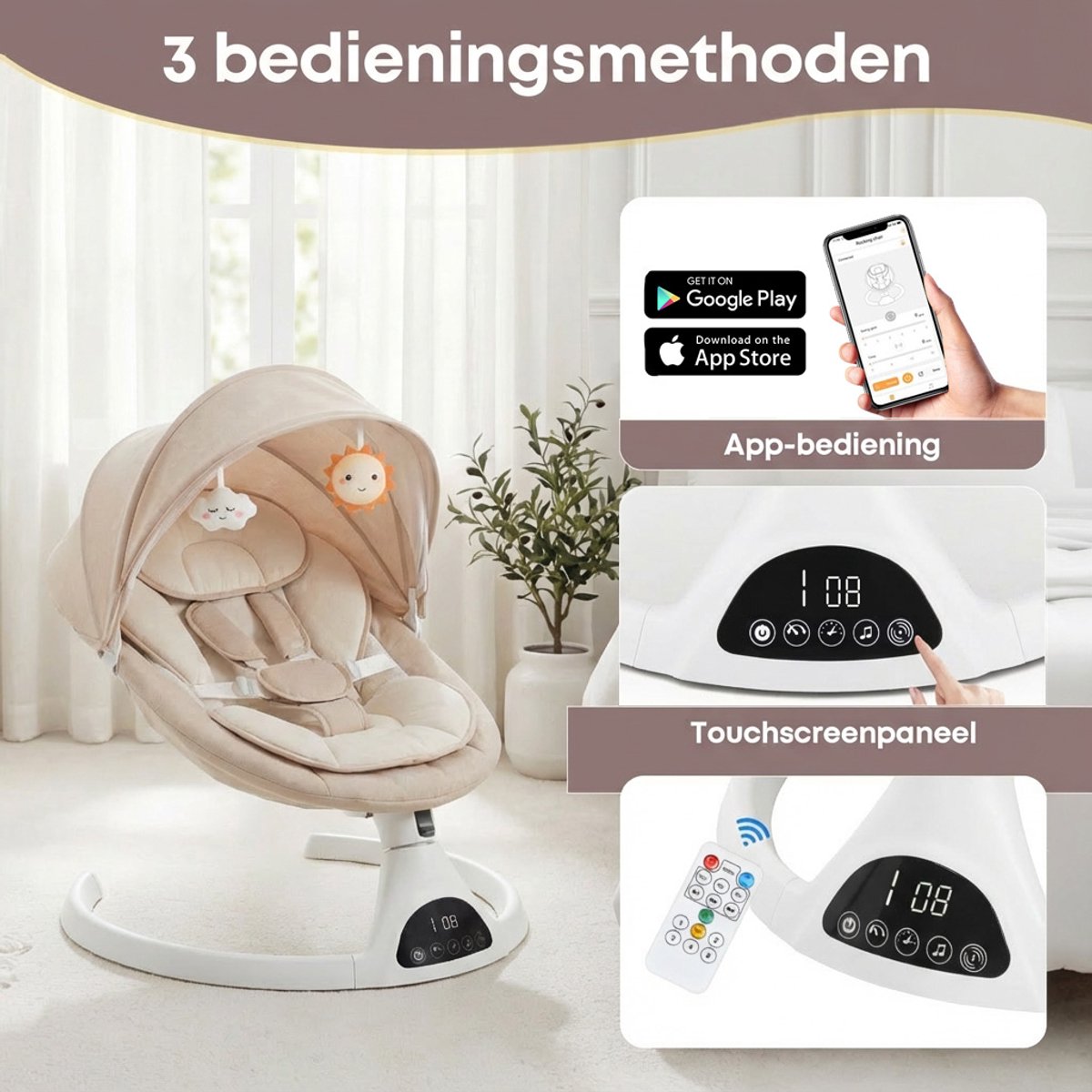3Babies Baby Swing - Elektrisch Wipstoel - Beige thumbnail 6