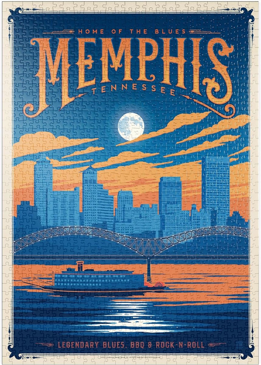 Puzzel 1000 Stukjes - Vintage Poster Memphis TN: Muziekstad Blues Rock & Soul