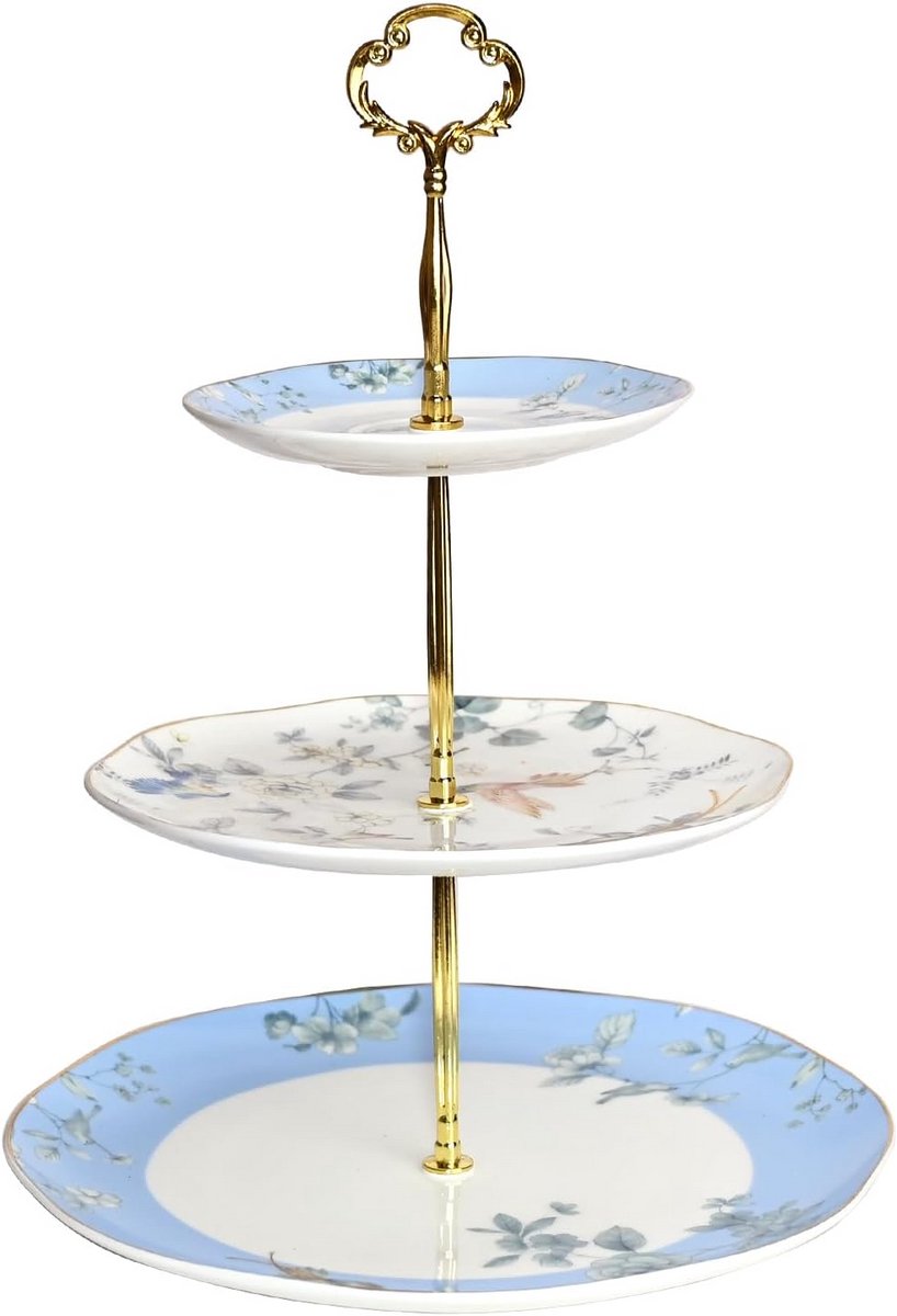 3-Laags Porseleinen Serveerstandaard voor Taart en Cupcakes - Blauw Wit Gebakdisplay