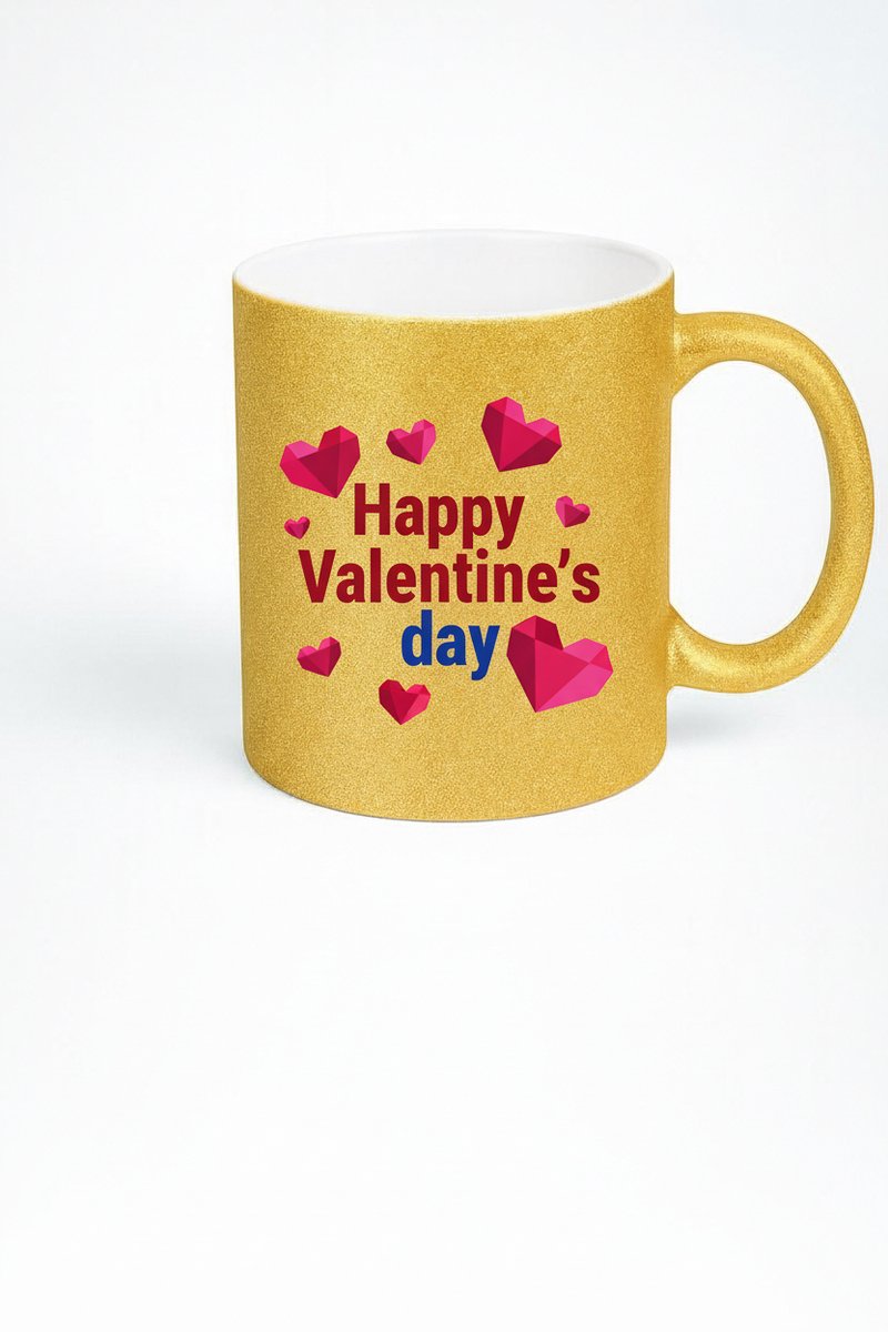 Valentijnsdag Mok Goud Glitter met Hartjes - Happy Valentine's Day Cadeau