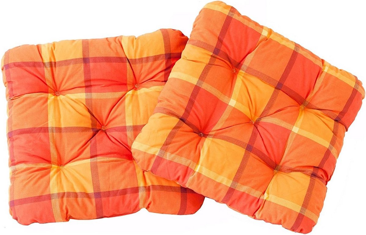 Comfortabel Geruit Zitkussen Tuin- of Keukenstoel – 50x50x8 cm Katoen – Oranje (2 Stuks)