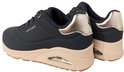 Zij-aanzicht van twee donkerblauwe Skechers sneakers met beige zolen en zilveren details op de hiel.