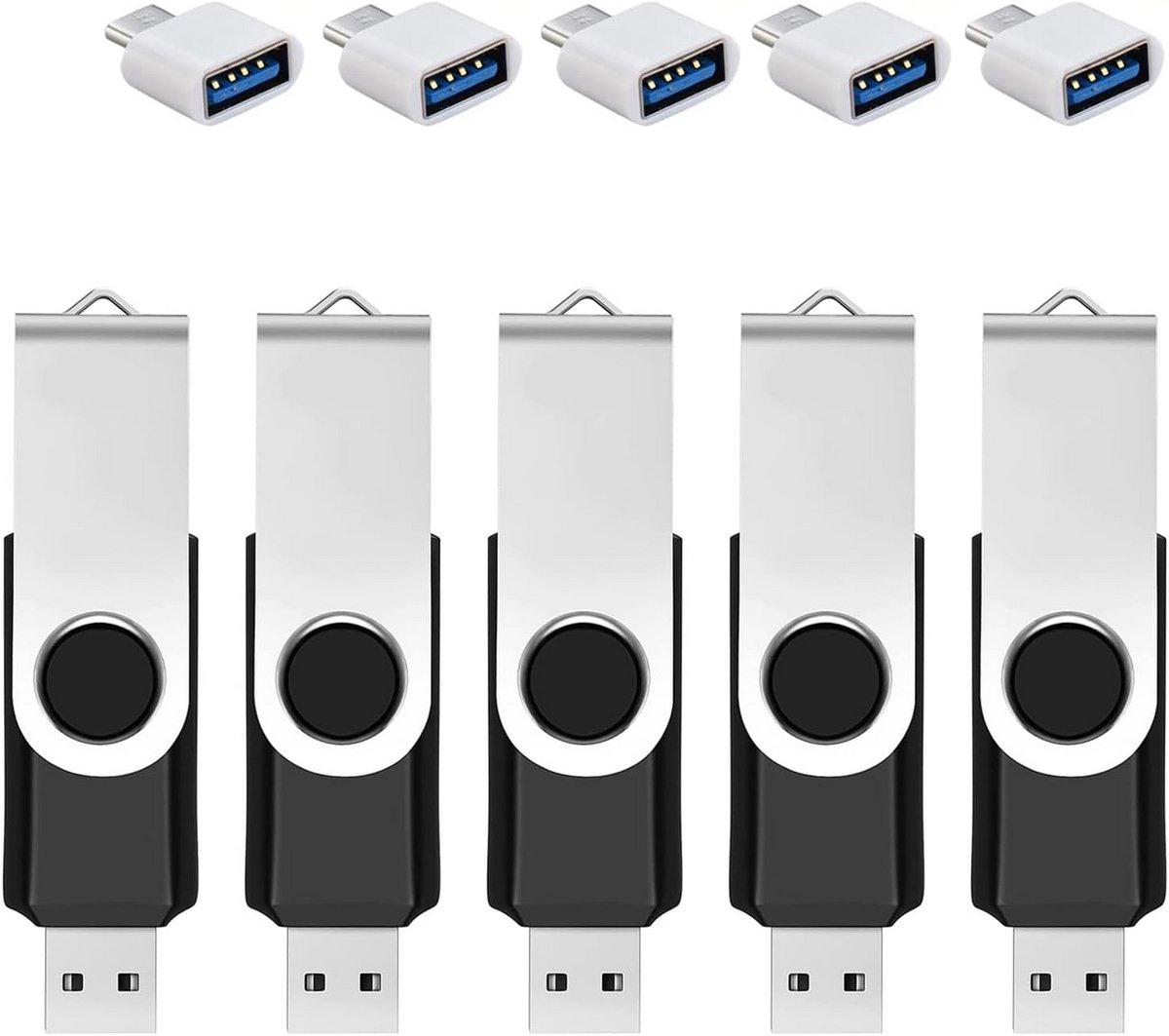 5-Pack USB Sticks 64GB met Type-C Adapter en Opbergdoos - Zwart