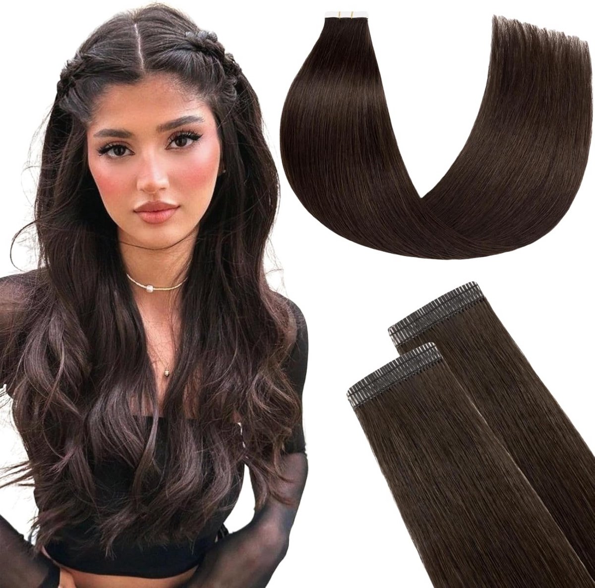 Tape-in Haarverlenging Echt Menselijk Haar Donkerbruin tot Zwart 35CM