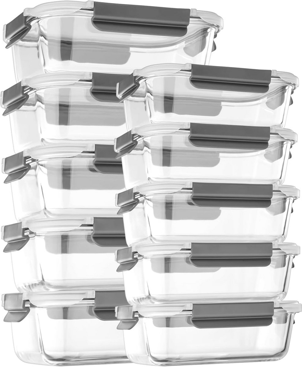 10x Glazen Maaltijdbereidingscontainers Set met Deksel - Lekvrij & Luchtdicht