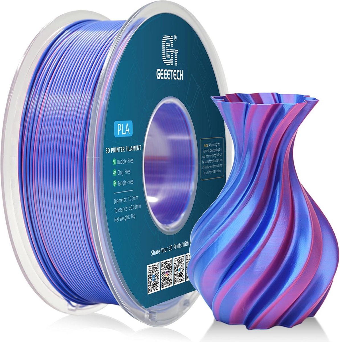 Silk Dual Color PLA Filament 1.75mm 1KG voor 3D-printers - Zijde Blauw en Rood