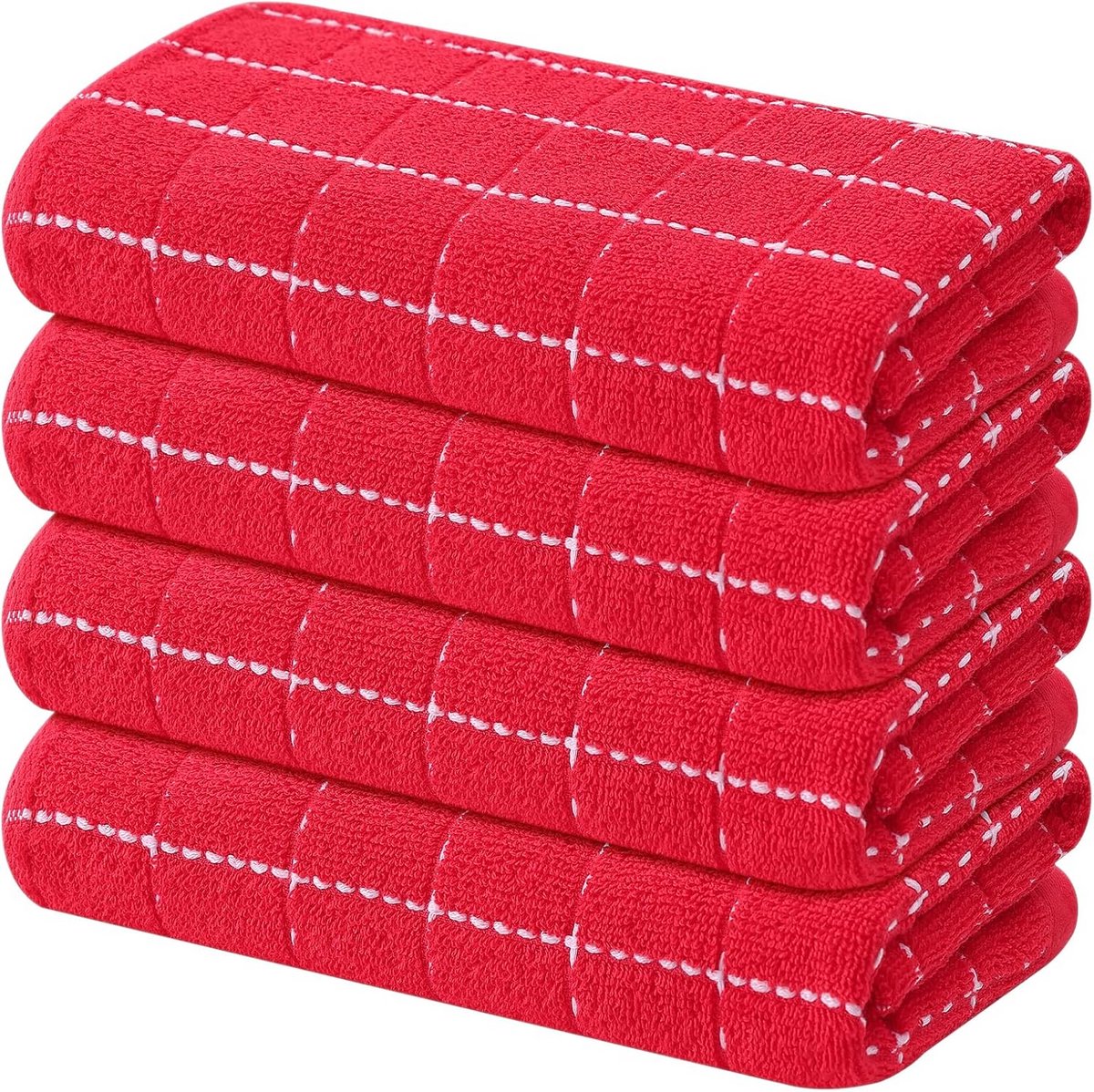 Set van 4 Keukentextiel Rood Geruit Absorberend en Zacht Badstof
