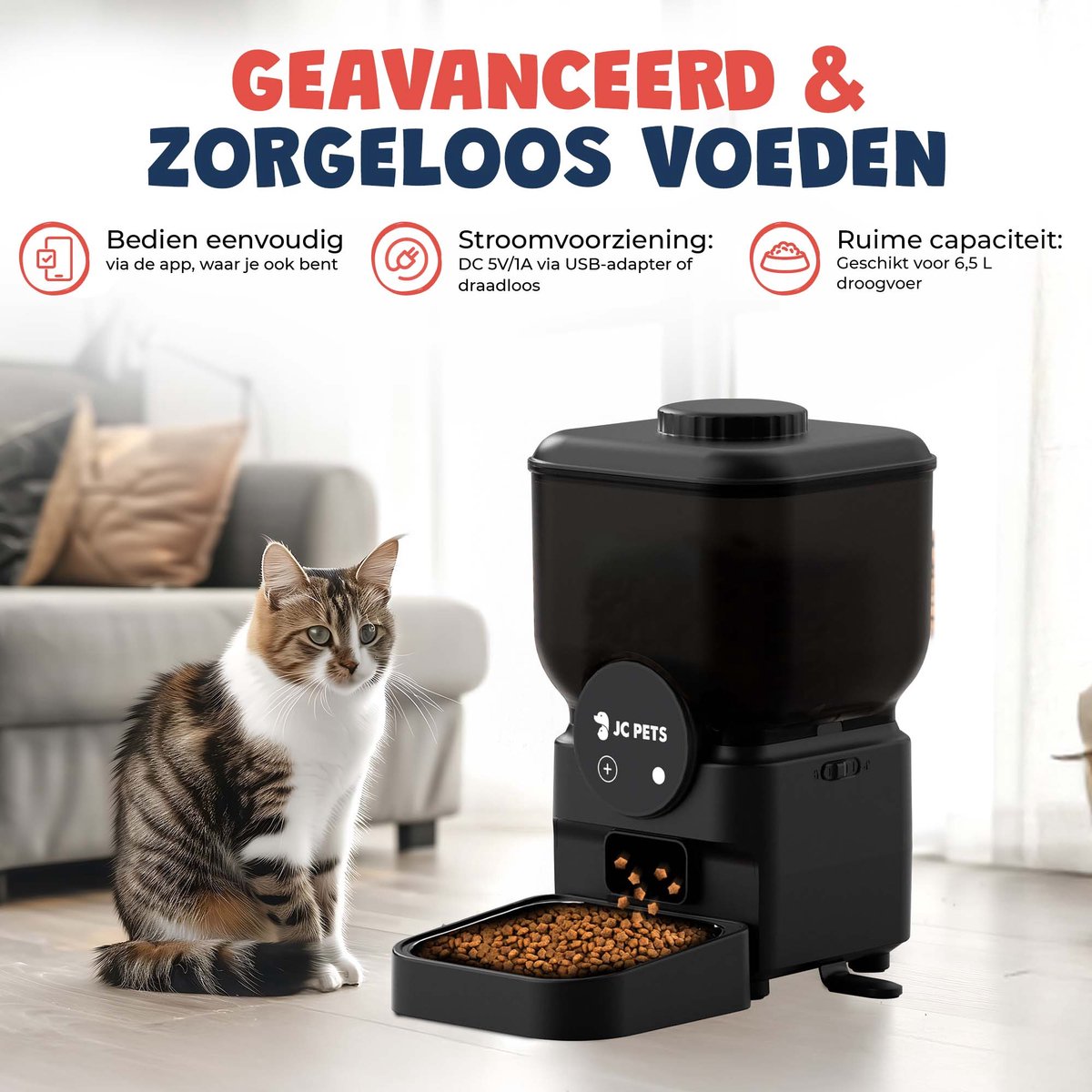 JC Pets Draadloze Automatisch Voederbak voor Kat en Hond - Voerbak dispenser 6,5L - Oplaadbare Voerautomaat voor Katten en Honden - Automatische Voerdispenser met App & Wifi – Mat Zwart thumbnail 6
