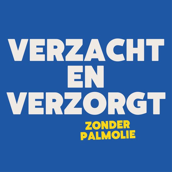 Fond bleu avec texte blanc "ADOUCIT ET SOIGNE SANS HUILE DE PALME" en grandes lettres.