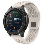 Zwarte smartwatch met rond scherm en wit geperforeerd sportbandje met gesp.