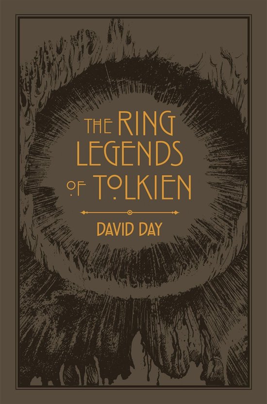 Boek 'The Ring Legends of Tolkien' met gouden letters op een bruine achtergrond met illustraties.