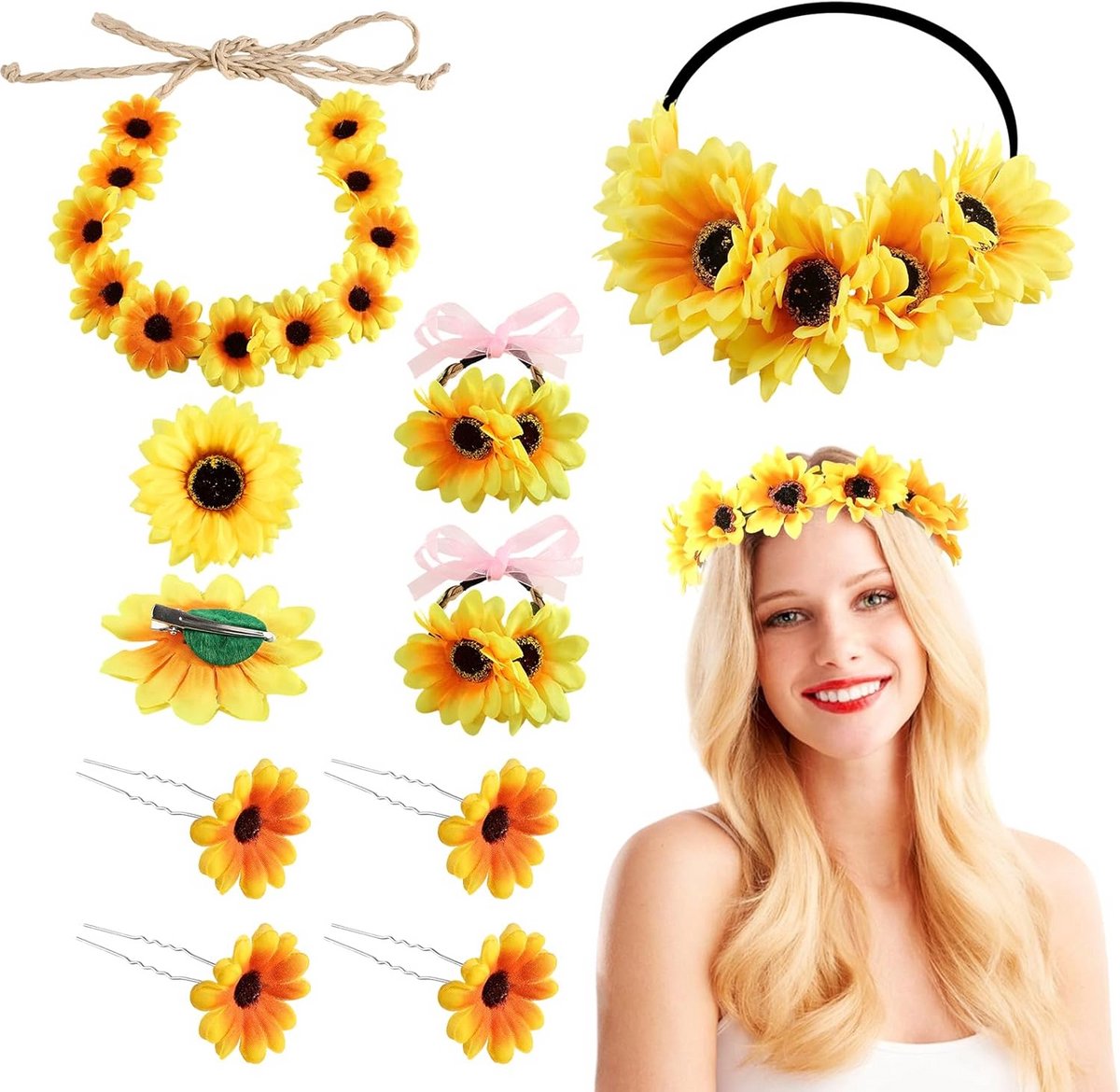 10-delige set bloemen haaraccessoires: haarbanden, armbanden en bloemspeldjes