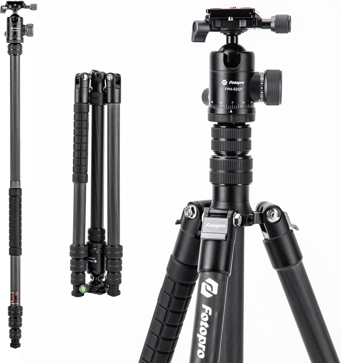 Lichtgewicht Carbon Statief voor Camera met Balhoofd en Monopod Functie, 185.5 cm