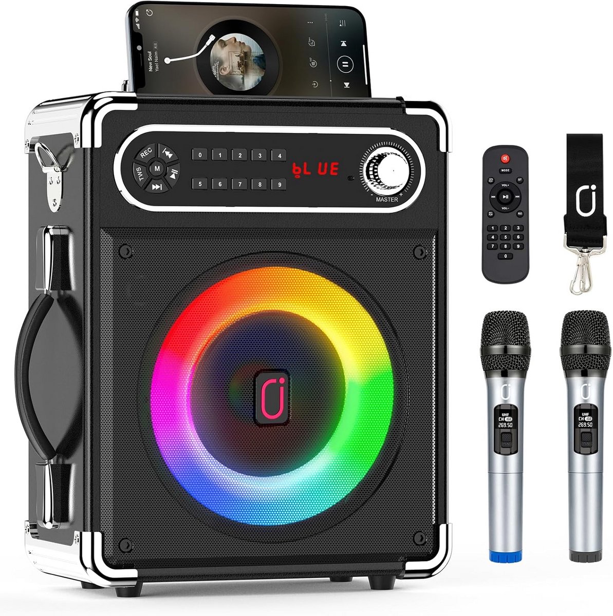 Draagbare Bluetooth Speaker met 2 Draadloze Microfoons en LED Discolampen