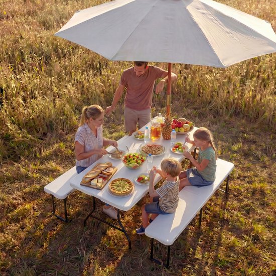 LifeGoods Inklapbare Picknickset - 124cm x 61,5cm - Tuintafel met 2 Banken - Weerbestendig - Campingtafel - Biertafel Opklapbaar - Voor Binnen en Buiten - Voor 4 tot 6 Personen - Wit van Merkloos — afbeelding 5
