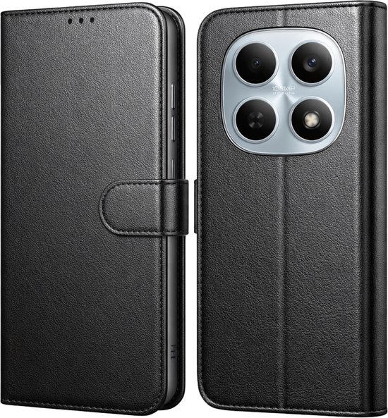 Étui portefeuille noir pour téléphone, avec le téléphone placé sur le côté droit. Montre la découpe de la caméra.