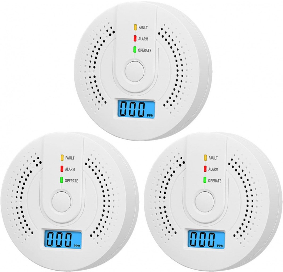 Koolmonoxidedetectoren - 3 stuks - Koolmonoxidemelder Met Display - Co-Melder - Werkt Op Batterijen - Led display - Met kunstmatig Alarmgeluid En Testknop - Draadloos - CO melder geschikt Voor Thuis, Restaurant, Hotel, Kantoor - Wit