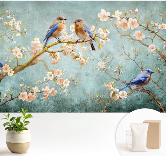 Wallfluent Behang - Lente vogels Muurbehang - 104x70 cm - Blauw Behang - Voor natuurliefhebbers - Behang Voor de slaapkamer, woonkamer en kantoor - Behangrol Bloemen en planten