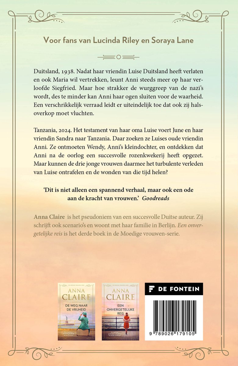 Boekomslag van 'Een verre bestemming' met tekst en afbeeldingen van drie boeken van Anna Claire.